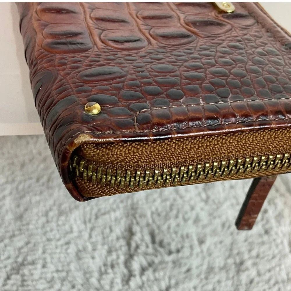 Brahmin Vintage Melbourne Zip Around Wallet Pecan Brown Croc Embossed Leather